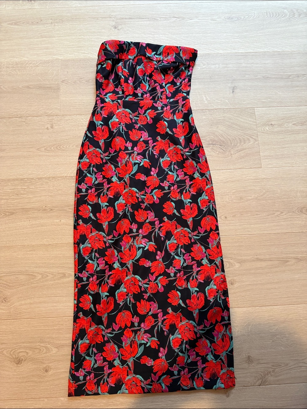 Strapless Black Dress with Red Floral Pattern